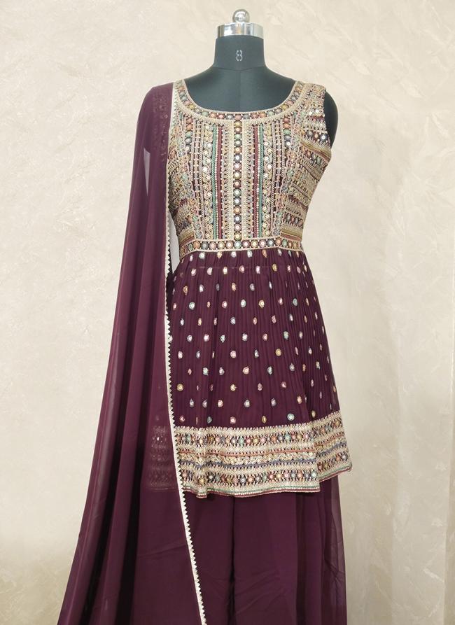 Wine Georgette Wedding Wear Embroidery Work Readymade Salwar Suit