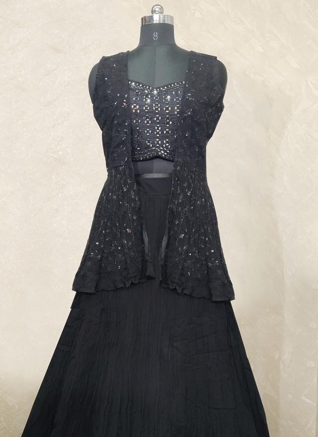 Black Georgette Party Wear Hand Work Skirt And Top With Shrug