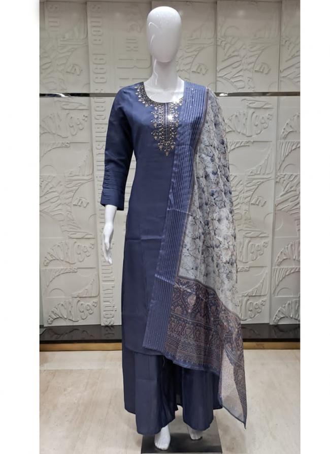 Navy Blue Muslin Festival Wear Hand Work Readymade Salwar Suit