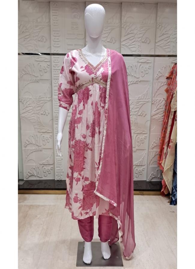 Pink Chiffon Tradional Wear Hand Work Readymade Alia Cut Salwar Suit