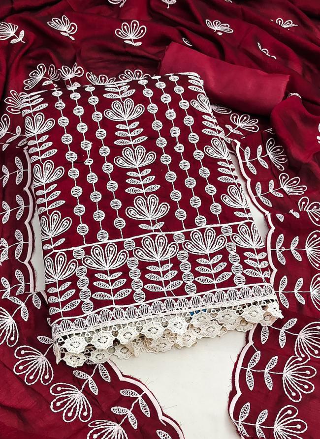Maroon Silk Festival Wear Lucknowi Work Dress Material