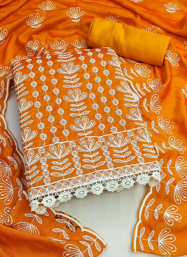 Orange Silk Festival Wear Lucknowi Work Dress Material
