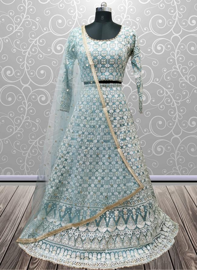 Sky blue Georgette Bridal Wear Lucknowi Work Ready To Wear Lehenga Choli