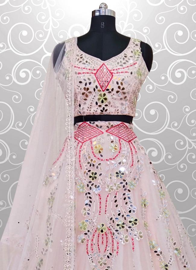 Light Pink Net Wedding Wear Mirror Work Ready To Wear Lehenga Choli
