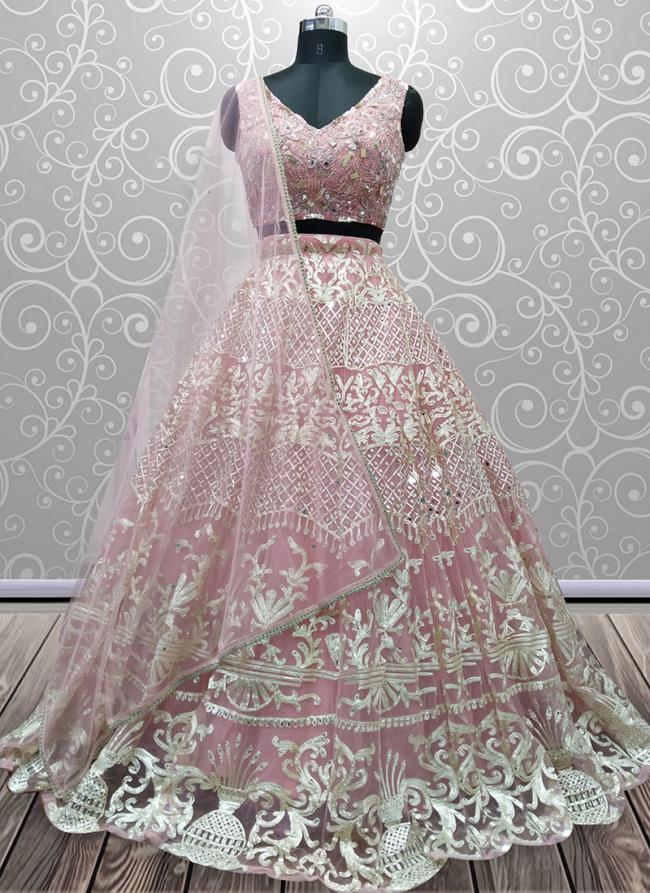 Pink Net Wedding Wear Mirror Work Ready To Wear Lehenga Choli