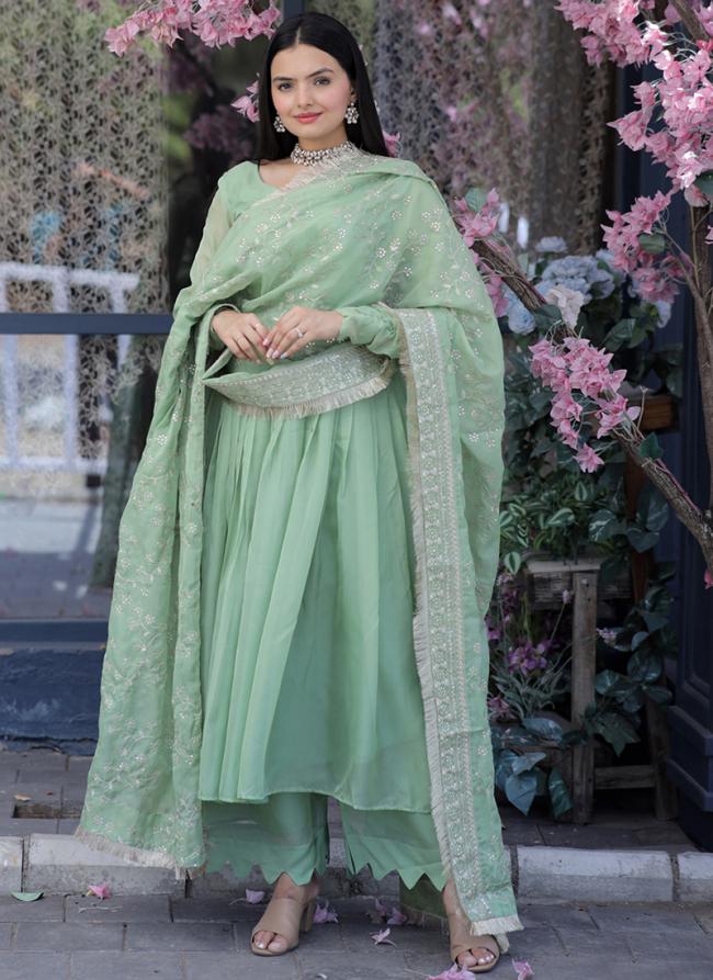 Pista Green Tabby Silk Festival Wear Embroidery Work Readymade Salwar Suit