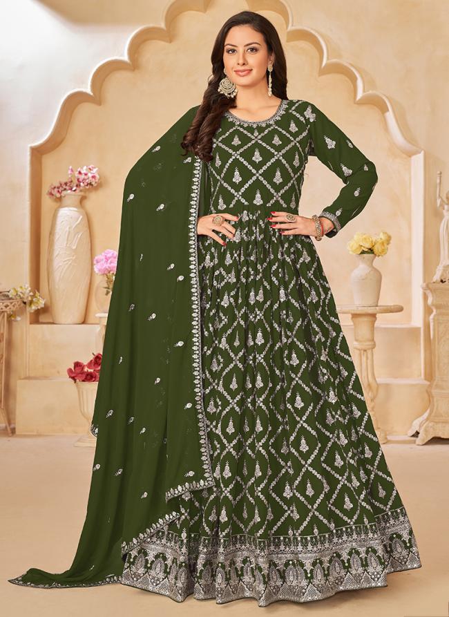Green Faux Georgette Wedding Wear Embroidery Work Anarkali Suit
