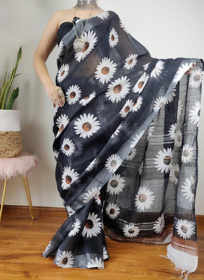 Black Linen Casual Wear Digital Printed Saree