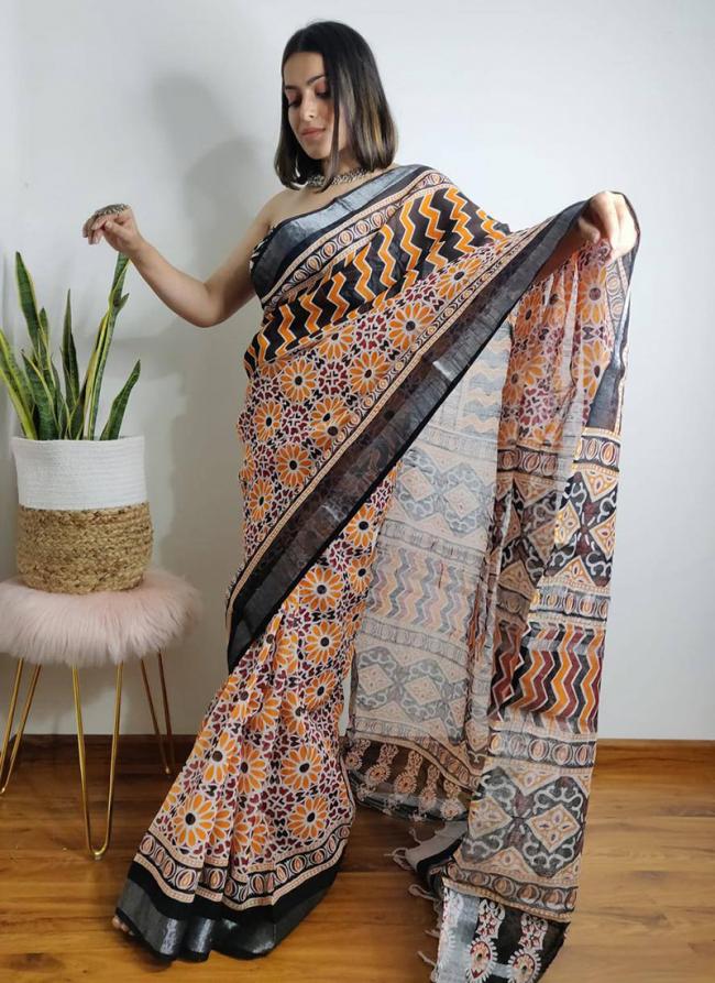 Peach Linen Casual Wear Digital Printed Saree