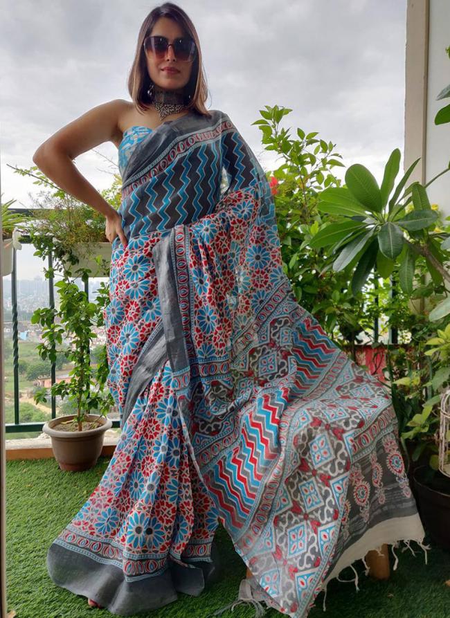 Sky blue Linen Casual Wear Digital Printed Saree