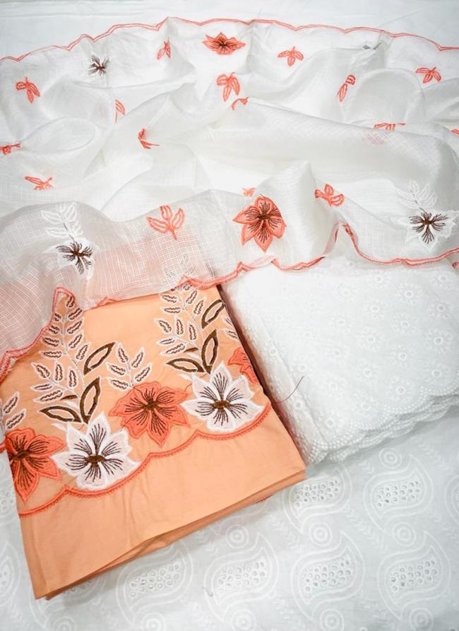 Peach Pure Cotton Festival Wear Embroidery Work Dress Material