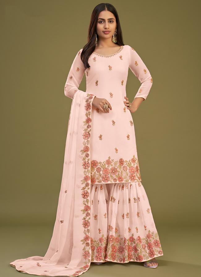 Peach Georgette Tradional Wear Embroidery Work Sharara Suit