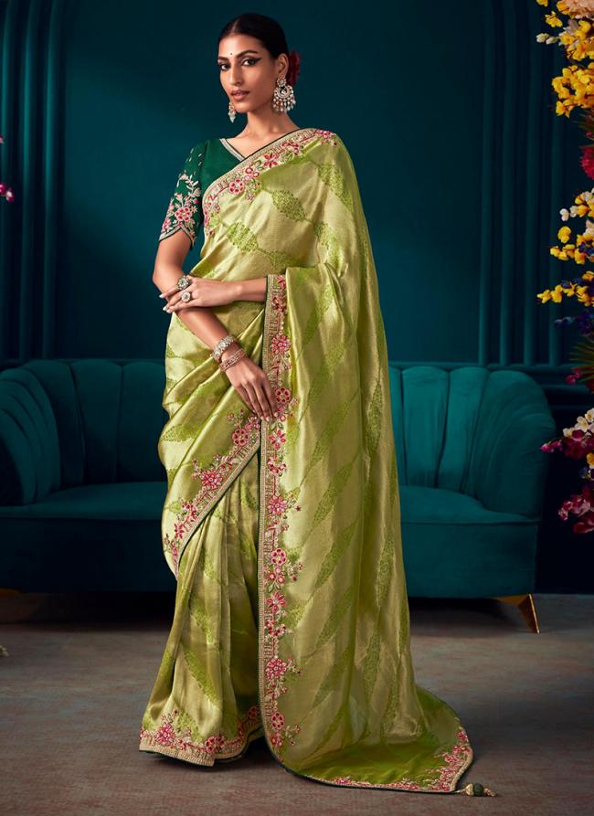 Light Green Pure Banarasi Silk Wedding Wear Border Work Saree