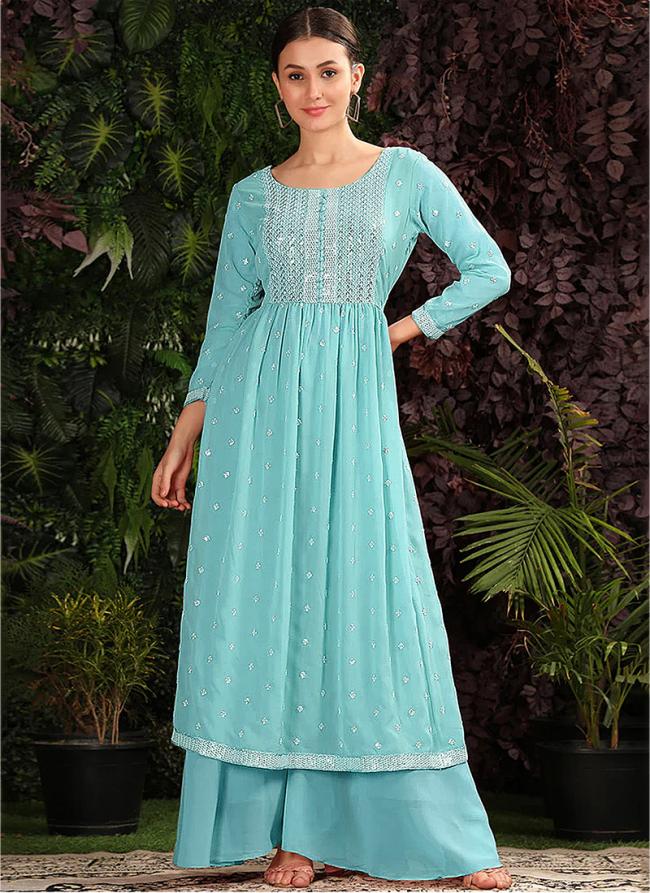Sky blue Georgette Tradional Wear Embroidery Work Readymade Salwar Suit