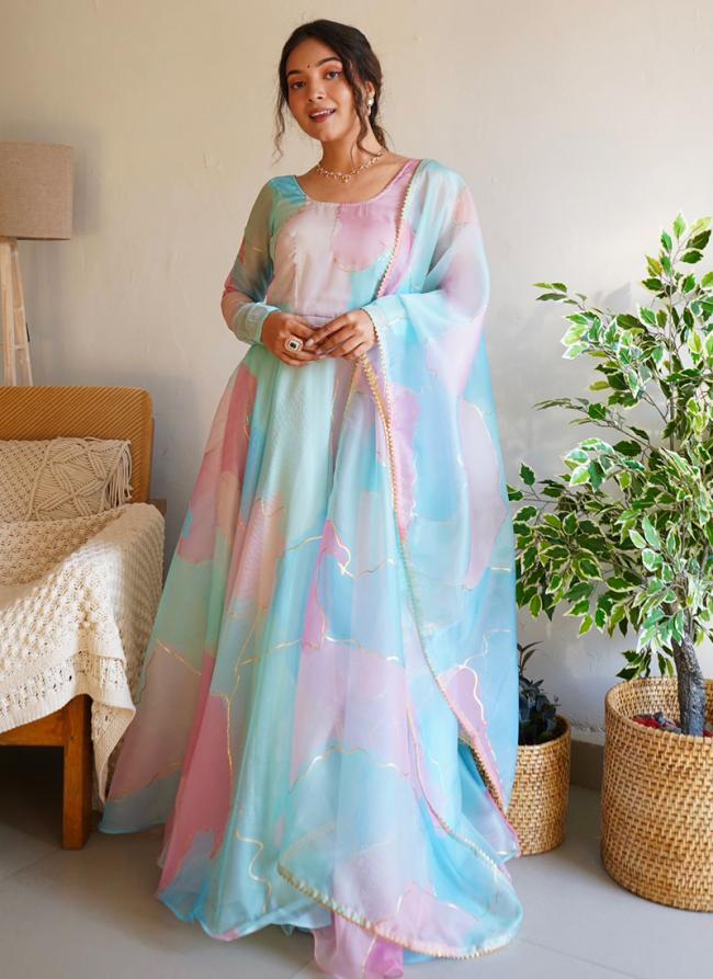Sky blue Organza Tradional Wear Digital Printed Gown With Dupatta
