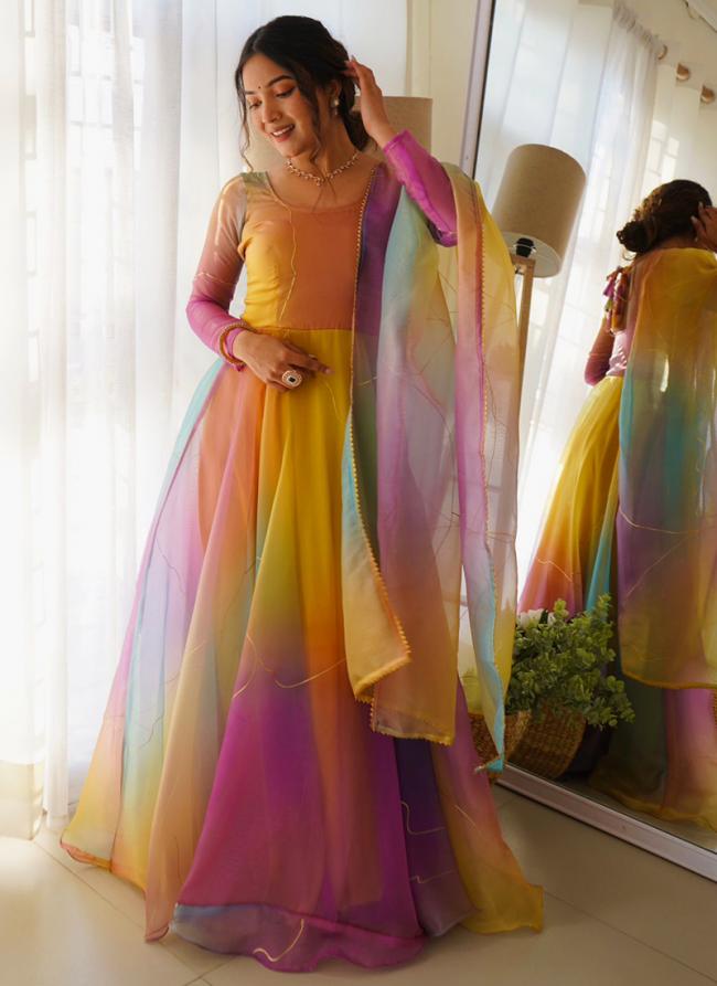 Yellow Organza Tradional Wear Digital Printed Gown With Dupatta