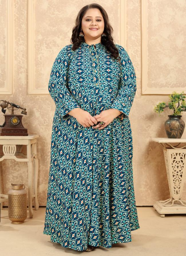 Green Rayon Casual Wear Printed Plus Size Gown