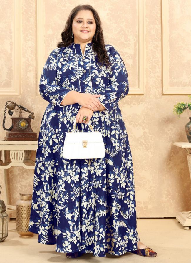 Navy Blue Rayon Casual Wear Printed Plus Size Gown