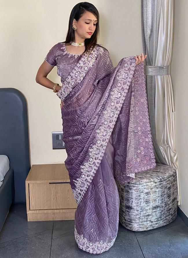 Purple Pure Silk Party Wear Embroidery Work Saree
