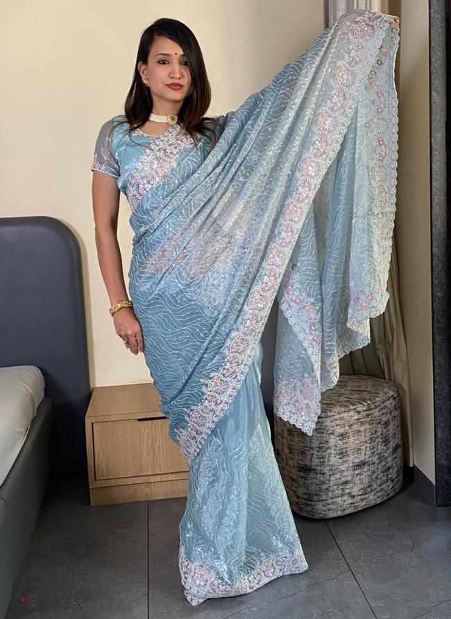 Sky blue Pure Silk Party Wear Embroidery Work Saree