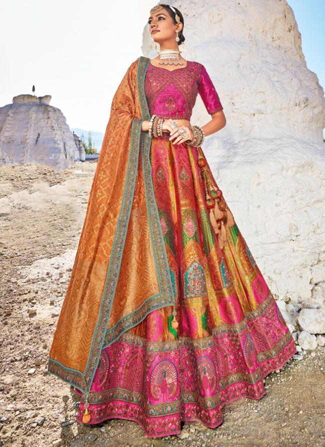 Multi Color Banarasi Silk Bridal Wear Jacquard Lehenga Choli