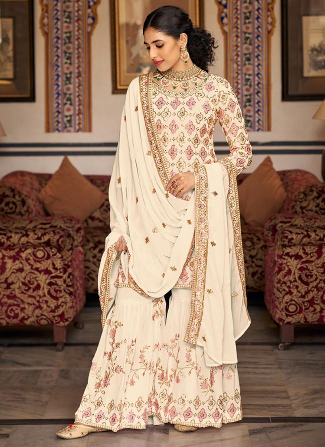 Cream Faux Georgette Festival Wear Embroidery Work Sharara Suit