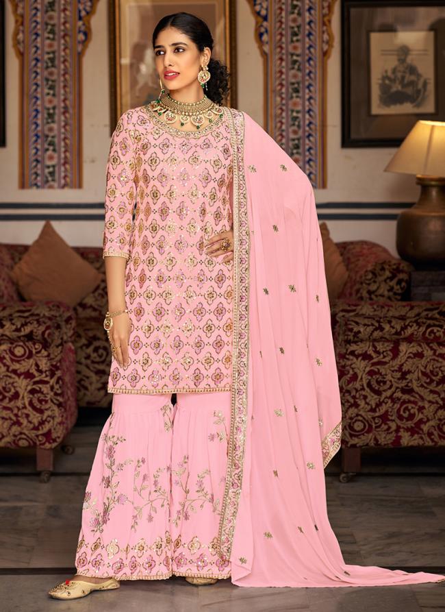 Pink Faux Georgette Festival Wear Embroidery Work Sharara Suit