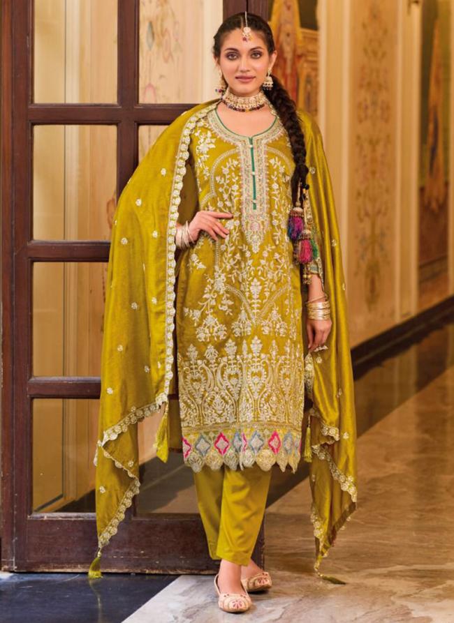 Mustard Silk Wedding Wear Embroidery Work Readymade Salwar Suit