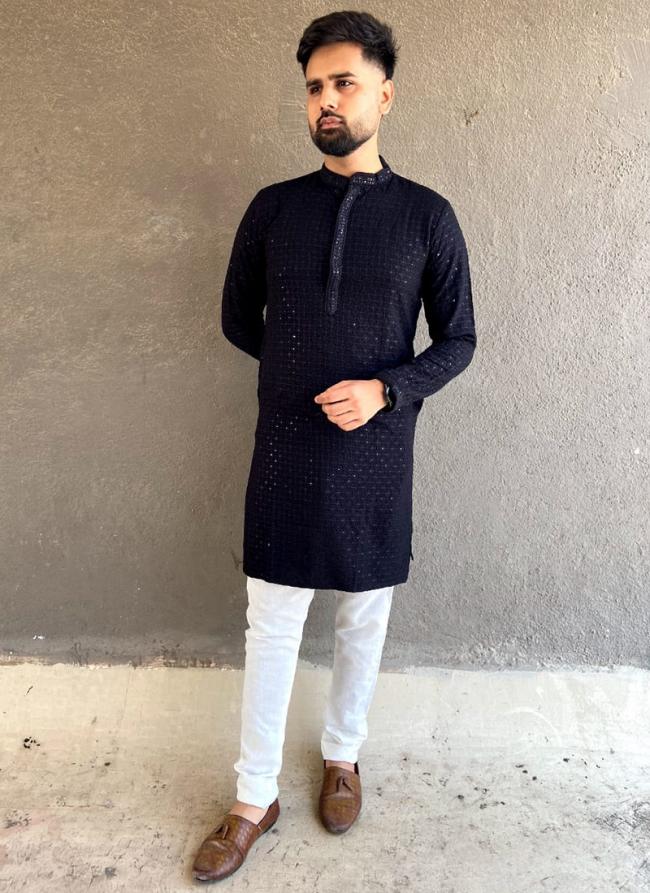 Black Rayon Tradional Wear Chikan Work Kurta Pajama