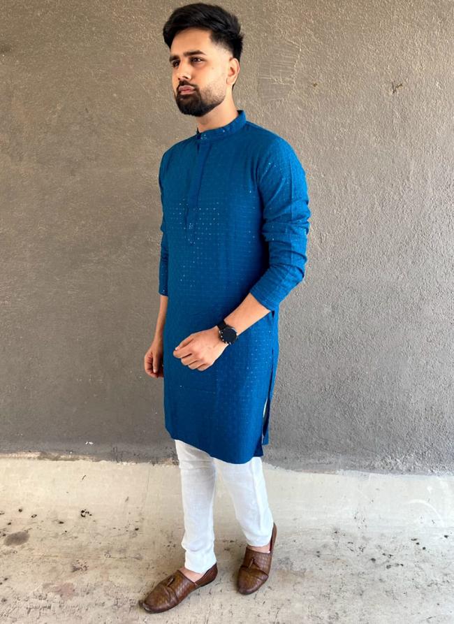 Blue Rayon Tradional Wear Chikan Work Kurta Pajama