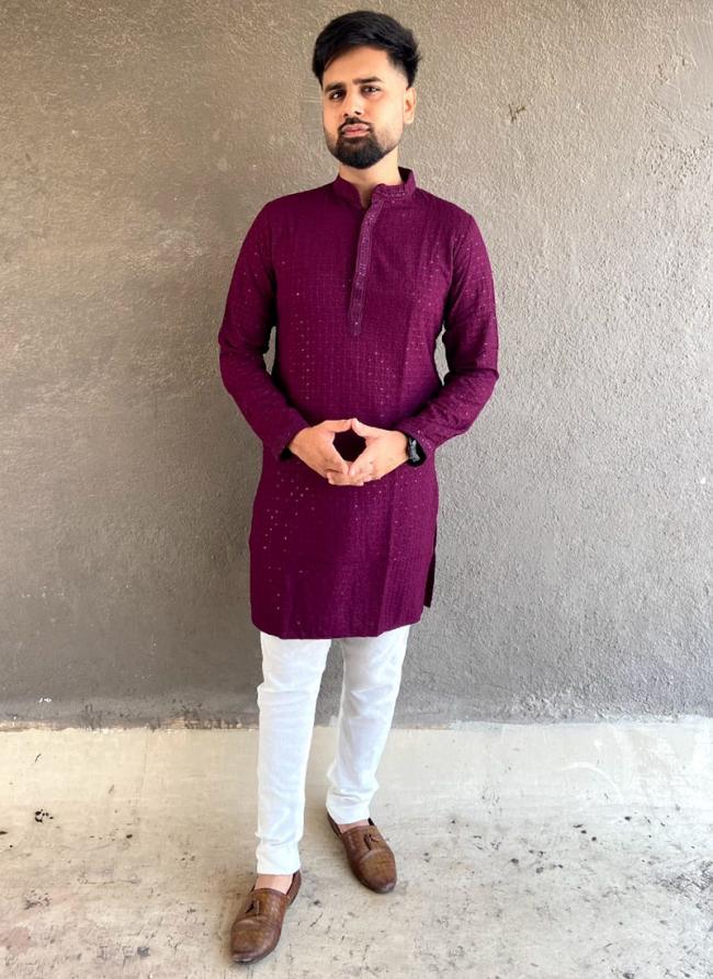 Wine Rayon Tradional Wear Chikan Work Kurta Pajama