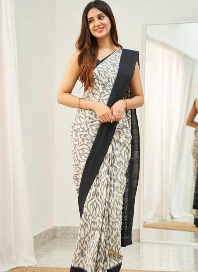 White Linen Casual Wear Digital Printed Saree