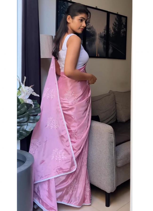 Pink Soft Chinnon Tradional Wear Lace Work Saree