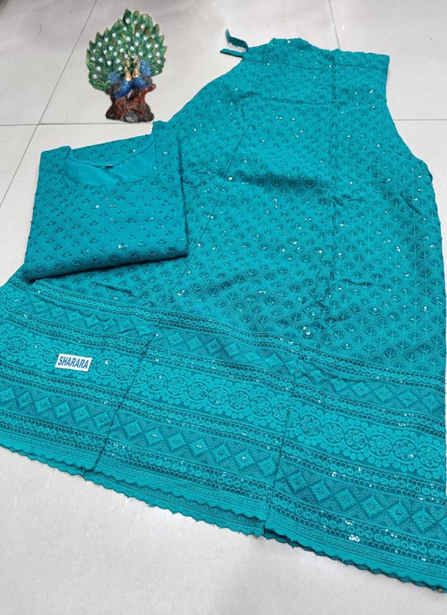 Firozi Cambric Cotton Festival Wear Chikankari Kurti With Skirt