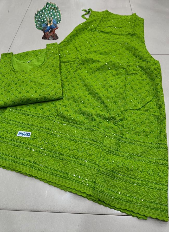 Green Cambric Cotton Festival Wear Chikankari Kurti With Skirt