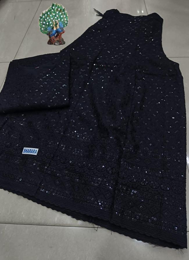 Navy blue Cambric Cotton Festival Wear Chikankari Kurti With Skirt