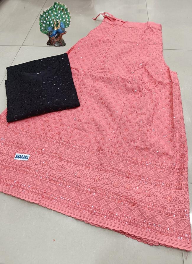 Pink Cambric Cotton Festival Wear Chikankari Kurti With Skirt