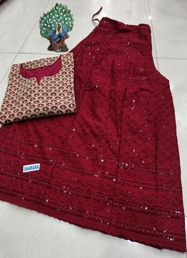 Maroon Cambric Cotton Festival Wear Chikankari Kurti With Skirt