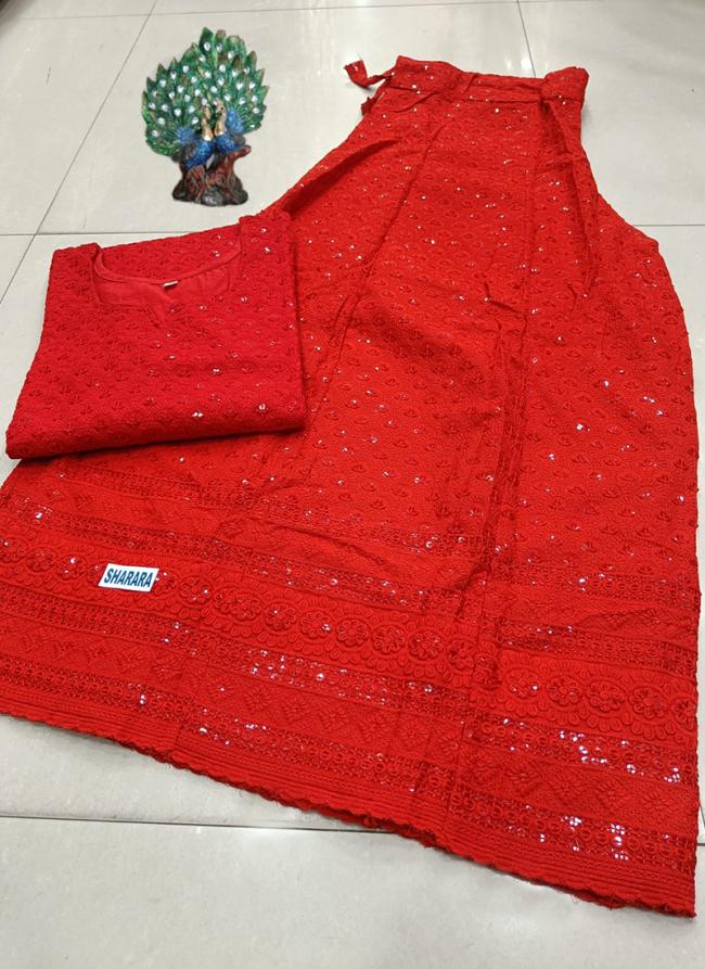 Red Cambric Cotton Festival Wear Chikankari Kurti With Skirt