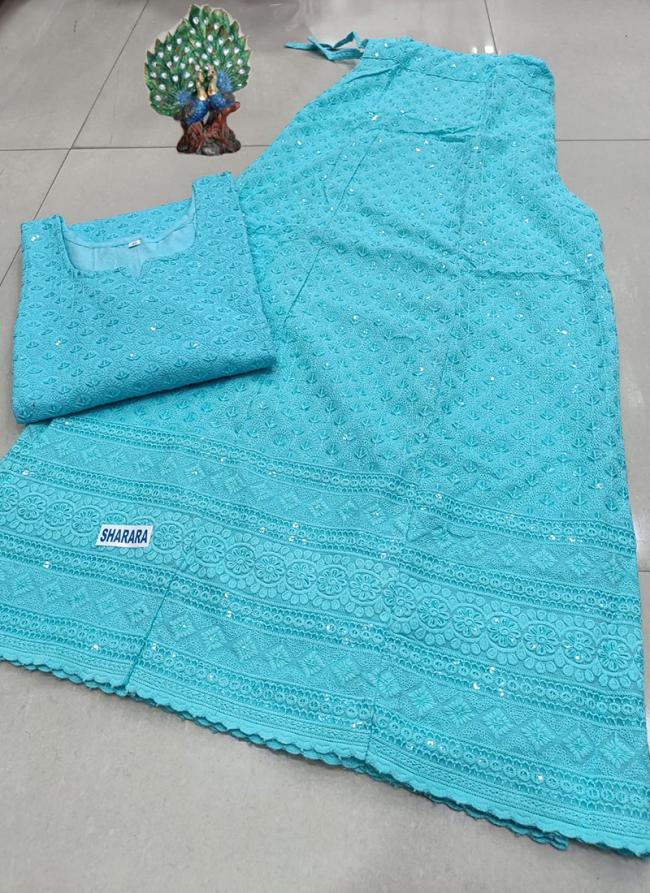 Sky Blue Cambric Cotton Festival Wear Chikankari Kurti With Skirt