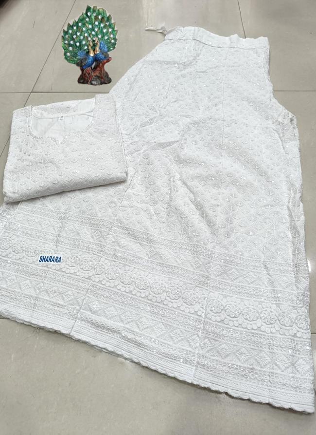 White Cambric Cotton Festival Wear Chikankari Kurti With Skirt