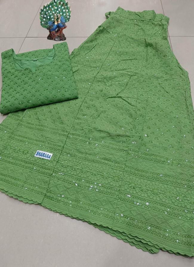 Pista Green Cambric Cotton Festival Wear Chikankari Kurti With Skirt