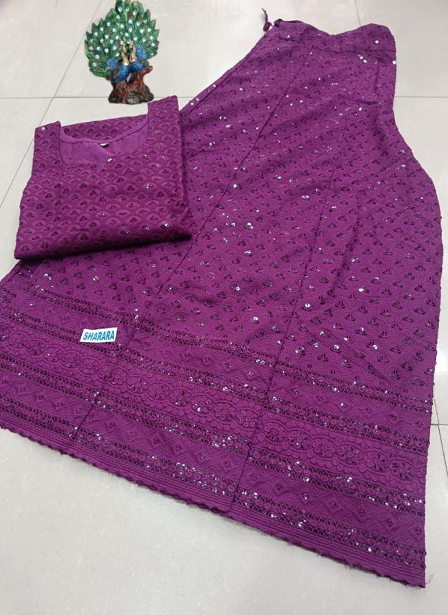 Purple Cambric Cotton Festival Wear Chikankari Kurti With Skirt