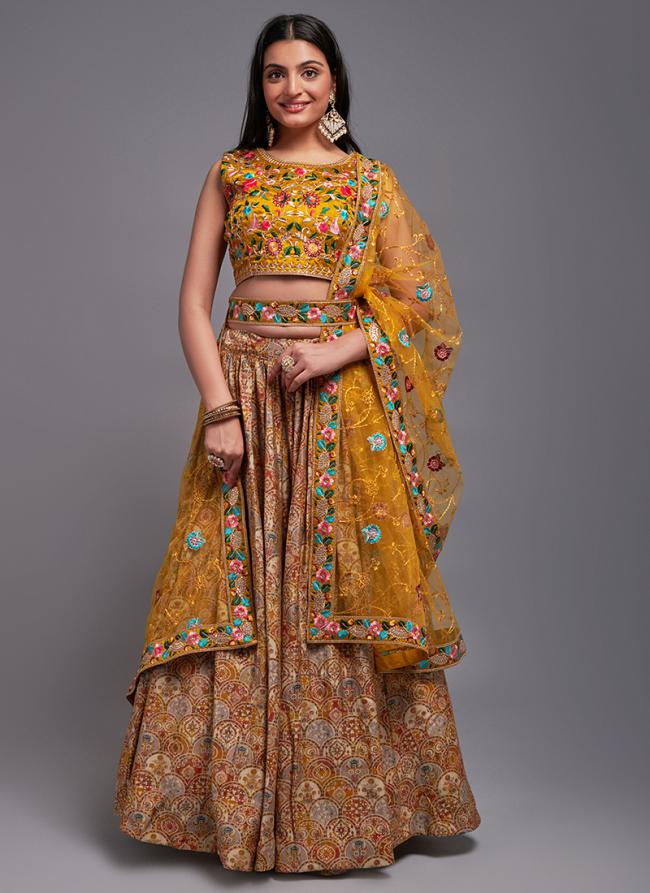 Mustard Viscose Silk Wedding Wear Embroidery Work Lehenga Choli