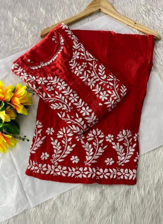 Red Rayon Festival Wear Lucknowi Kurti With Pant