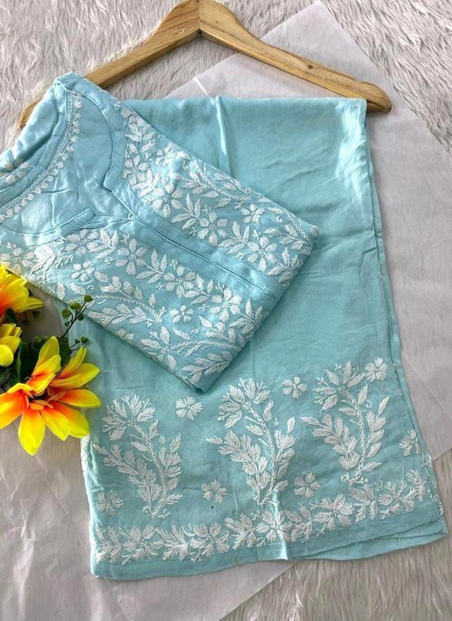 Sky Blue Rayon Festival Wear Lucknowi Kurti With Pant