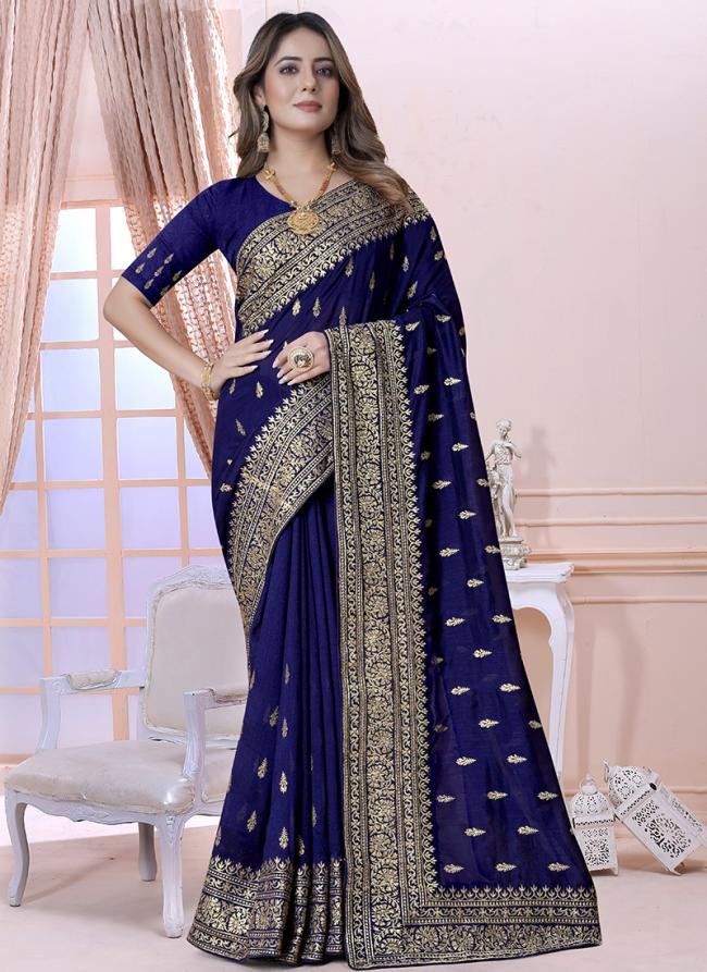 Navy blue Vichitra Silk Festival Wear Embroidery Work Saree