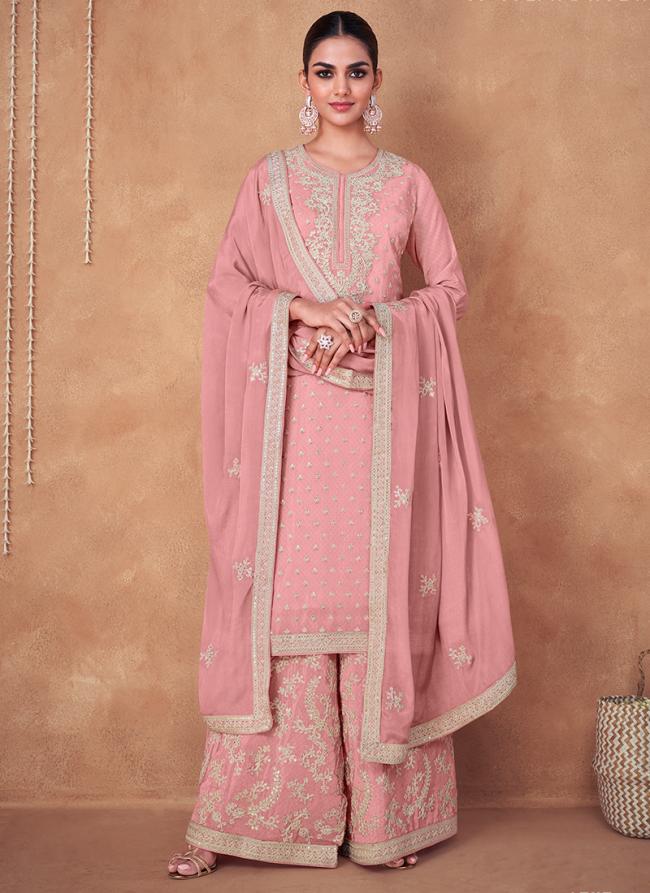 Pink Chinnon Wedding Wear Embroidery Work Sharara Suit