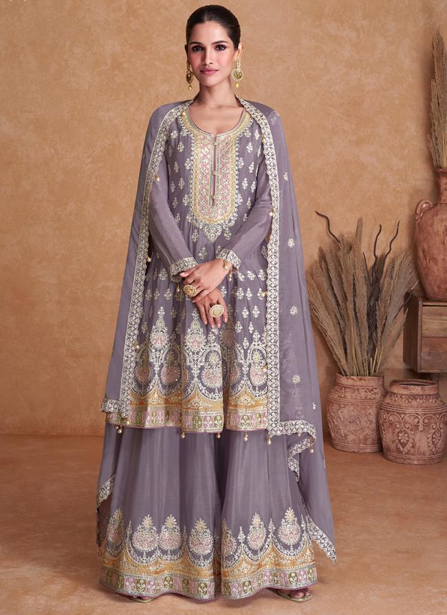 Purple Chinnon Wedding Wear Embroidery Work Sharara Suit