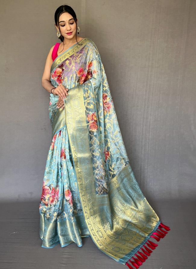 Blue Organza Festival Wear Digital Printed Saree